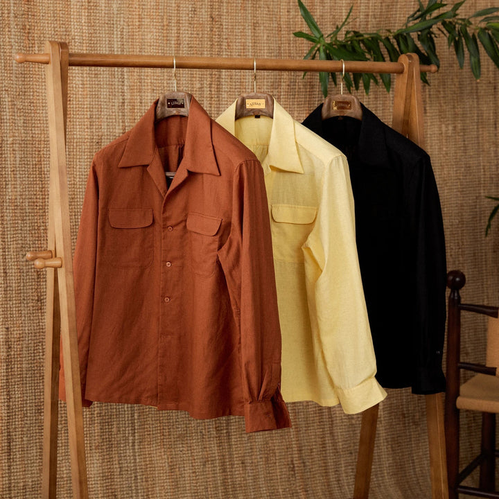 Lightweight men's shirt made of linen with Cuban collar and long sleeves – Mateo-Brown-S-The Livary