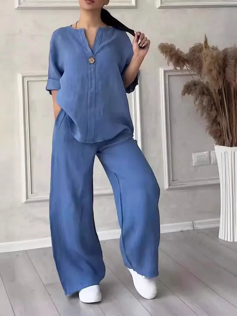 Airy & Stylish Summer Set with Blouse & Wide Trousers made of Linen – Melina-Blue-S-The Livary