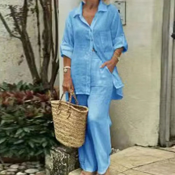 Airy & Stylish Oversized Linen Combo with Blouse and Trousers for Women – Amaris-Blue-S-The Livary