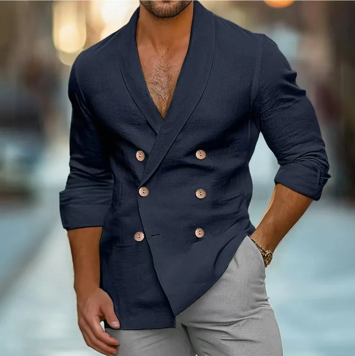 Breathable & Stylish Double-Breasted Linen Shirt for Men – Mateo-Navy blue-S-The Livary