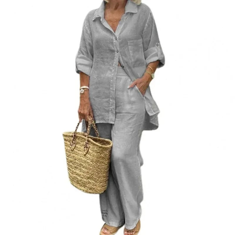 Airy & Stylish Oversized Linen Combo with Blouse and Trousers for Women – Amaris-Grey-S-The Livary