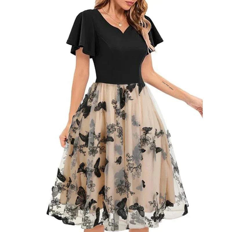 Stylish midi dress made of mesh with embroidery & flounce sleeves – Maila-S-The Livary