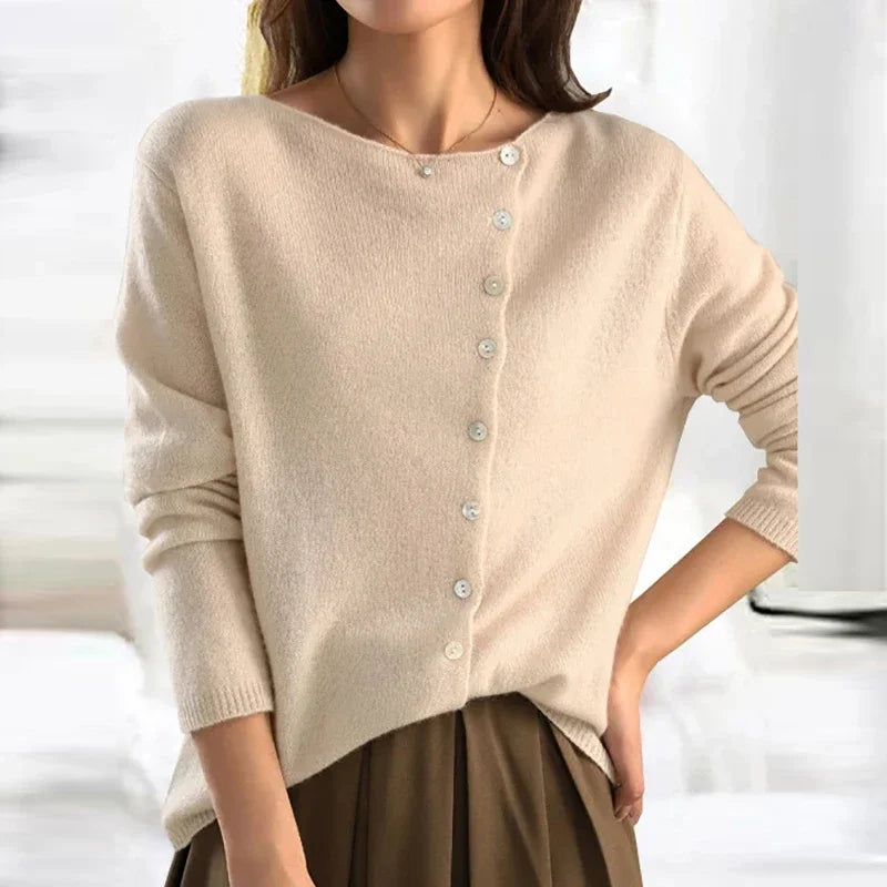 Fashionable Sweater with Stylish Button Closure - Elisa-S-Cream-The Livary