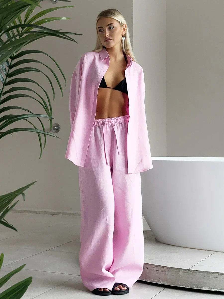 Ladies Summer Two-Piece Trouser & Top – Léonie-Pink Long-S-The Livary