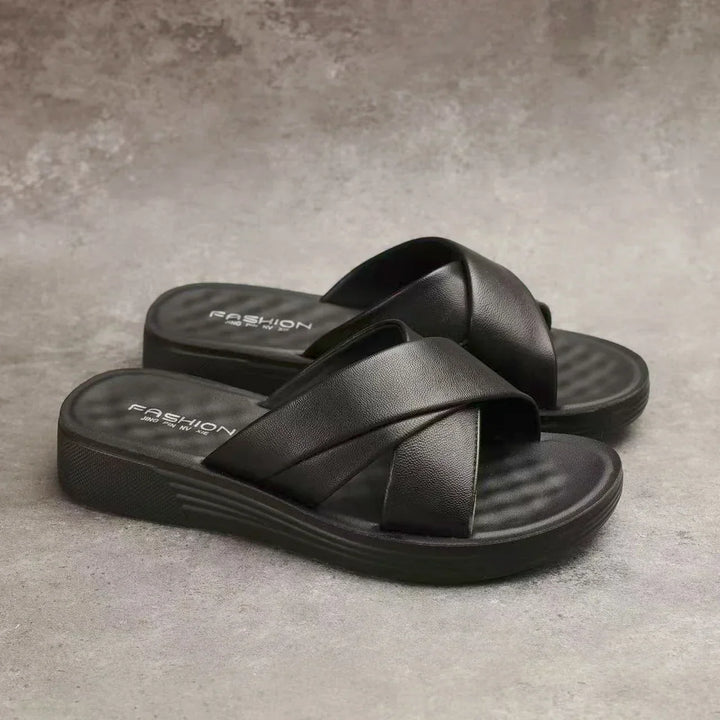 Ladies' wedge slippers made of leatherette with an open toe – Cassy-Black-3.5-The Livary