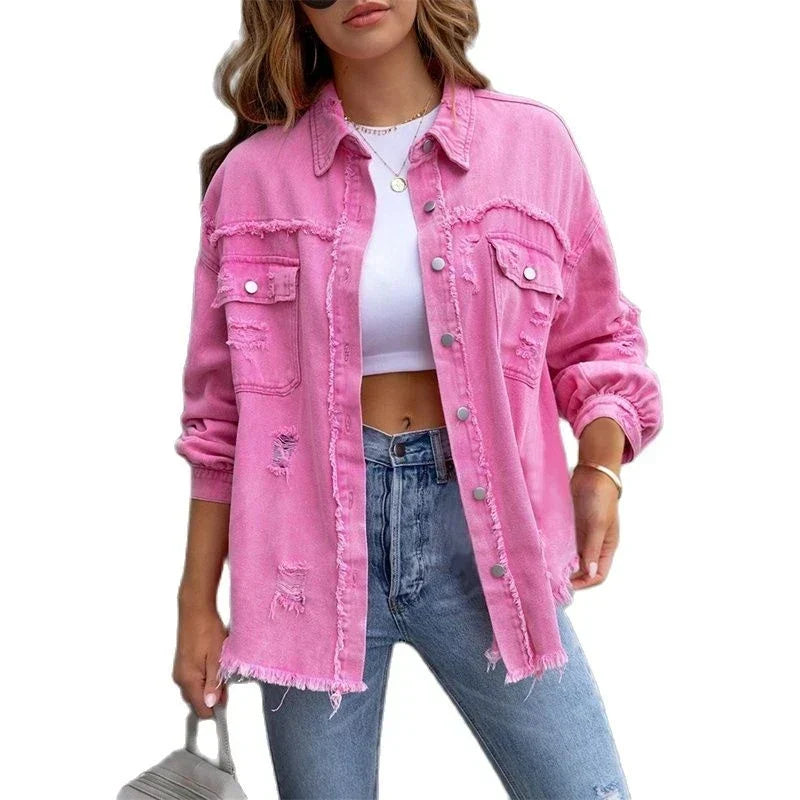 Boho women's denim jacket with Ibiza flair & slim fit for spring/summer – Yara-Pink-S-The Livary