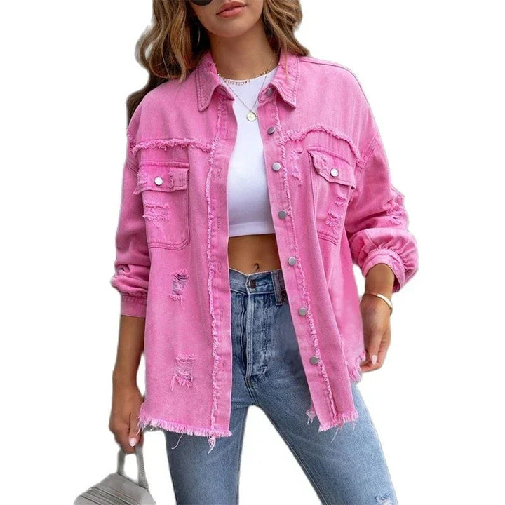 Boho women's denim jacket with Ibiza flair & slim fit for spring/summer – Yara-Pink-S-The Livary