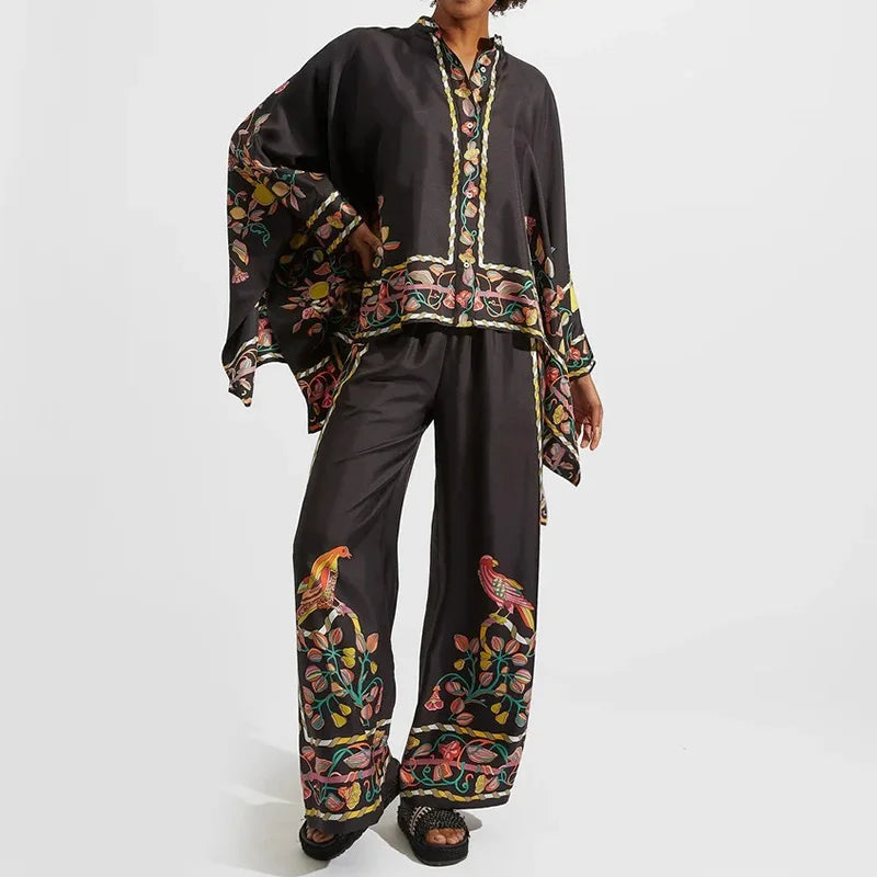 Two-piece Women's Linen Streetwear Set with Ethno Print – Samira-Black-S-The Livary