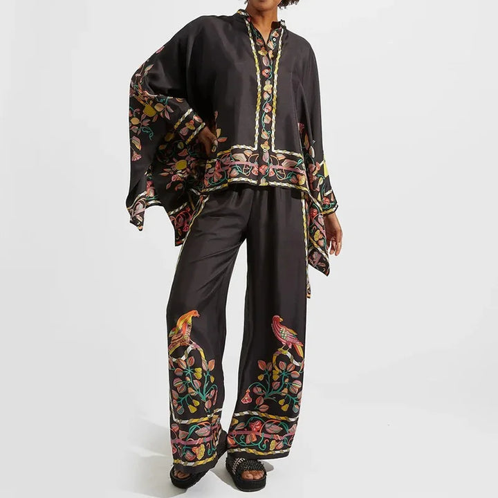 Two-piece Women's Linen Streetwear Set with Ethno Print – Samira-Black-S-The Livary