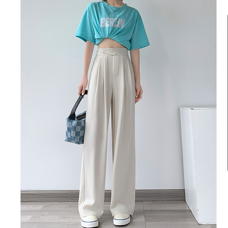 High-Waist Casual Women's Trousers with Wide Leg – Emilia-White-S-The Livary