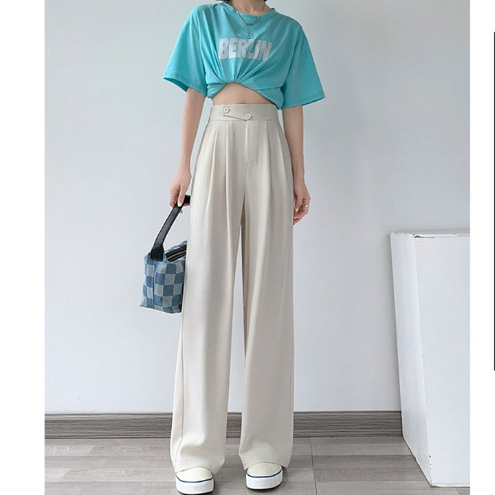 High-Waist Casual Women's Trousers with Wide Leg – Emilia-White-S-The Livary