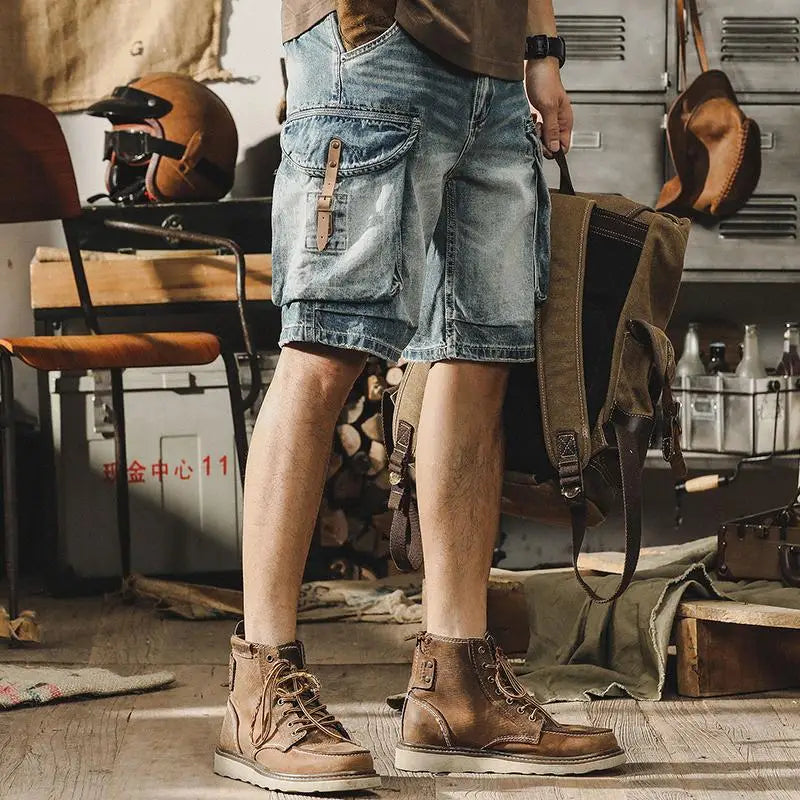 Men's Denim Cargo Shorts in Retro Motorcycle Style – Ronex-Denim Blue-S-The Livary