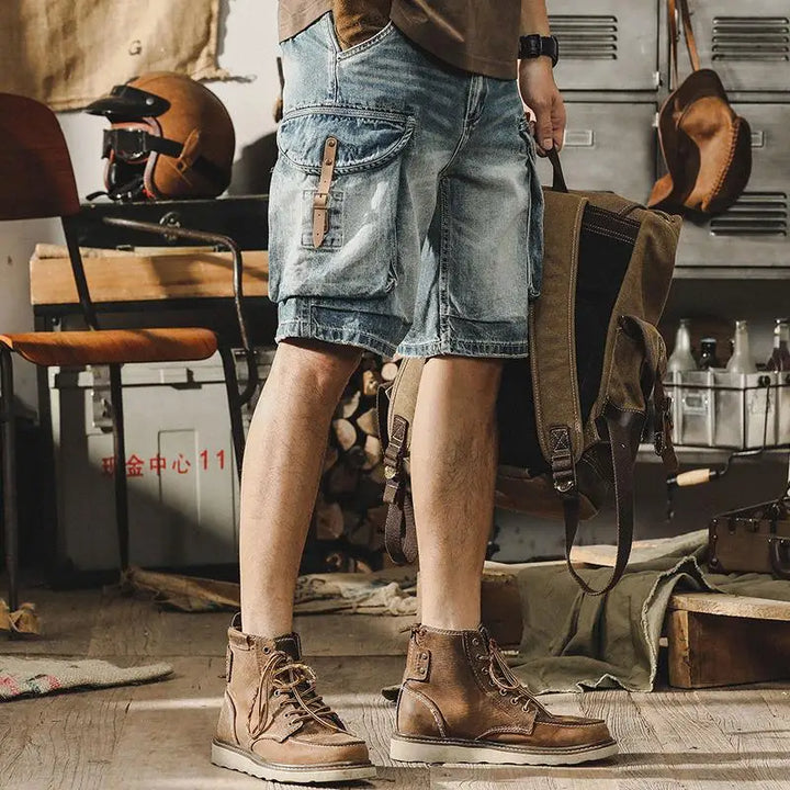 Men's Denim Cargo Shorts in Retro Motorcycle Style – Ronex-Denim Blue-S-The Livary