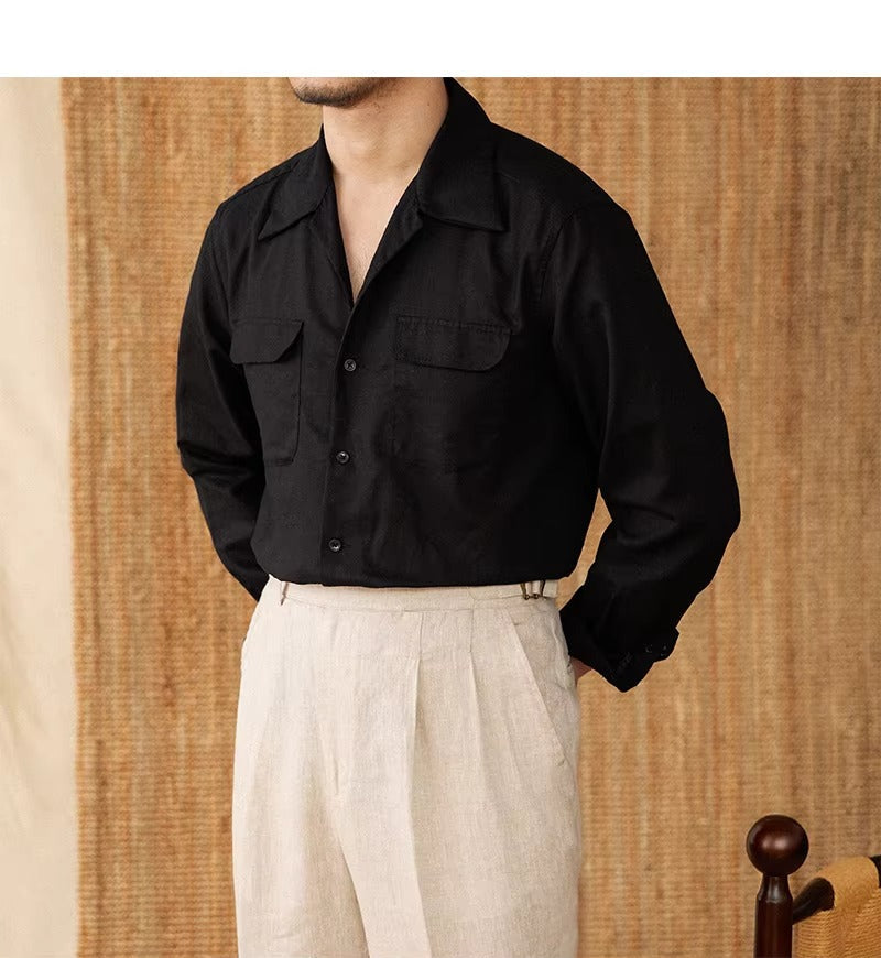 Lightweight men's shirt made of linen with Cuban collar and long sleeves – Mateo-Brown-S-The Livary