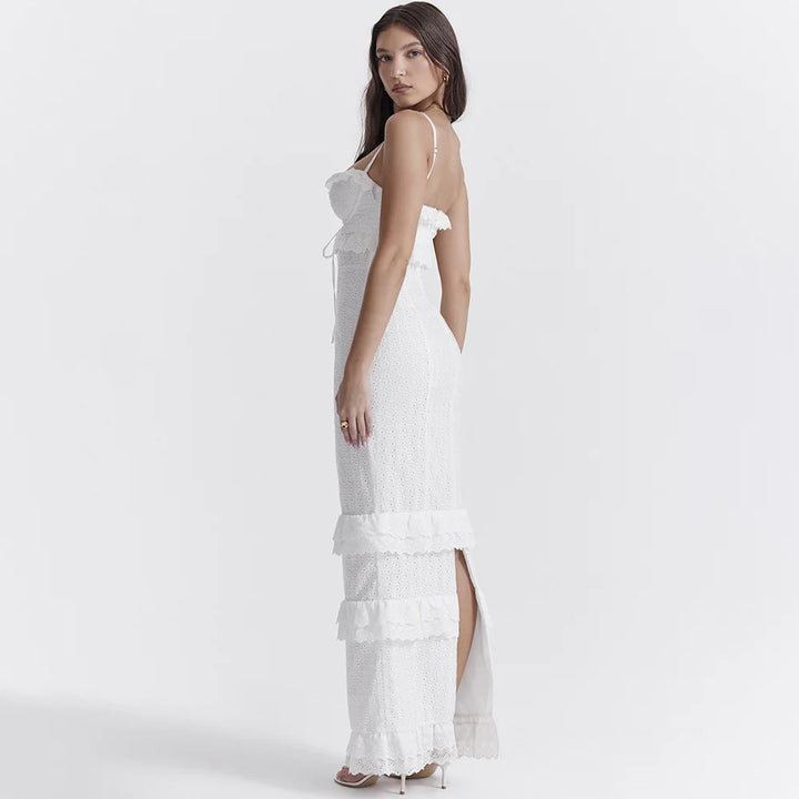 Stylish Embroidered Camisole Maxi Dress in White - Alina-XS-The Livary