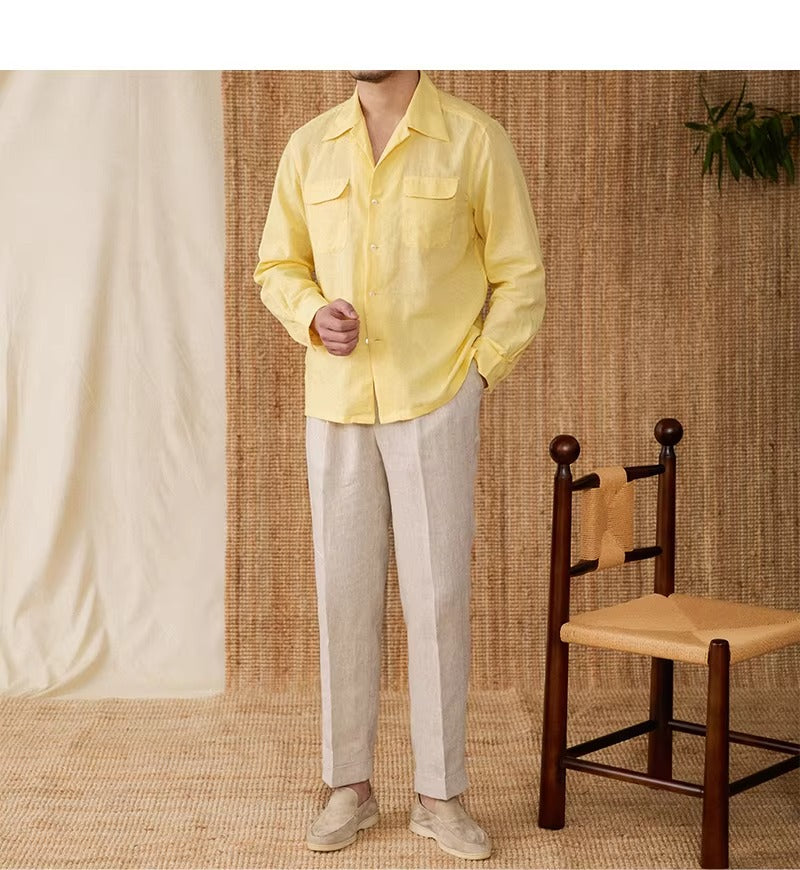 Lightweight men's shirt made of linen with Cuban collar and long sleeves – Mateo-Brown-S-The Livary
