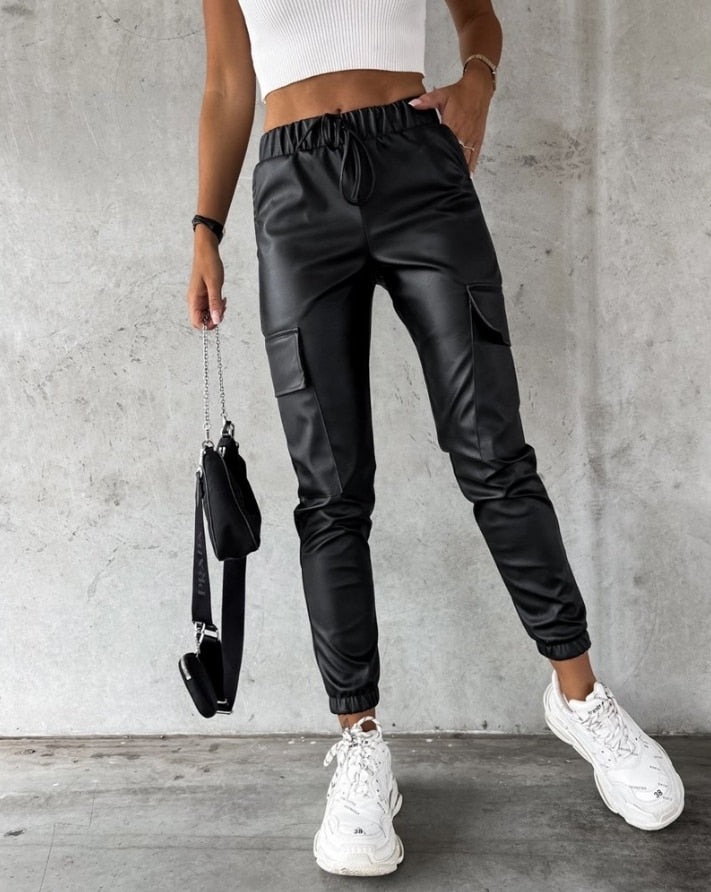 Faux Leather Cargo Trousers for Women - Jade-S-The Livary