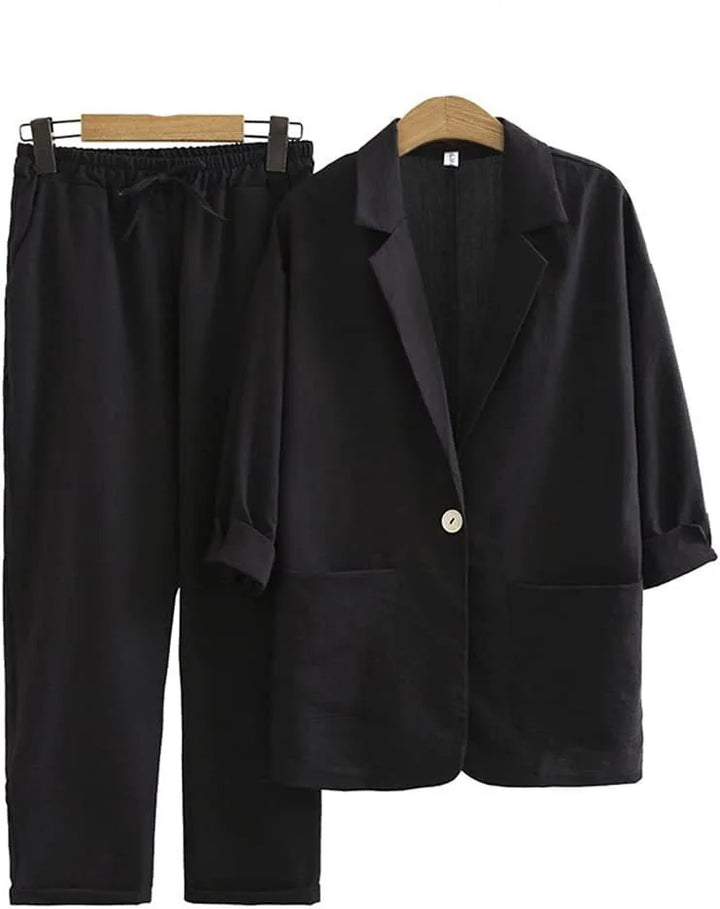Airy & Stylish Two-Piece with Jacket and Straight Trousers for Women – Sorella-Black-S-The Livary