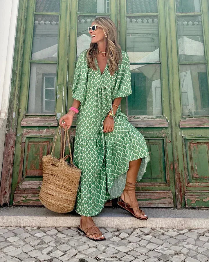 Boho summer dress in Ibiza style with a loose fit – Elira-Green & White-S-The Livary