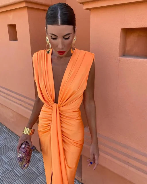 Trendy evening dress with a deep V-neck & tailored fit – Malina-Orange-S-The Livary