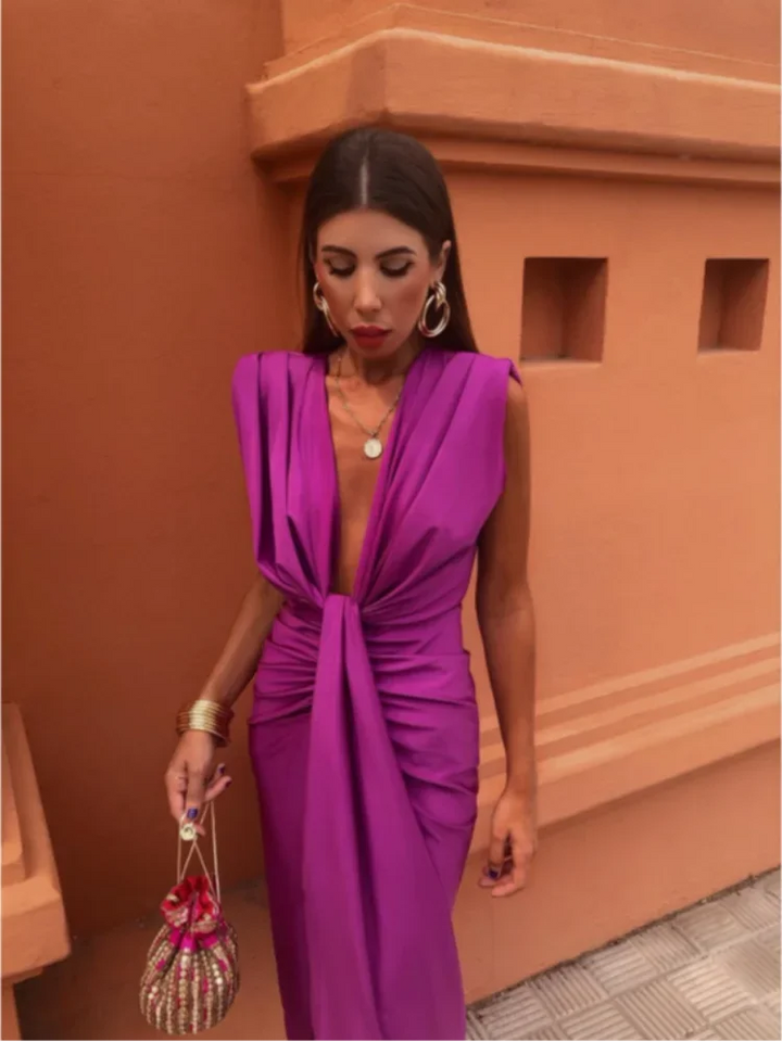 Trendy evening dress with a deep V-neck & tailored fit – Malina-Fuchsia-S-The Livary