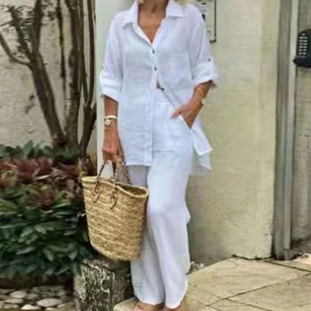 Airy & Stylish Oversized Linen Combo with Blouse and Trousers for Women – Amaris-White-S-The Livary