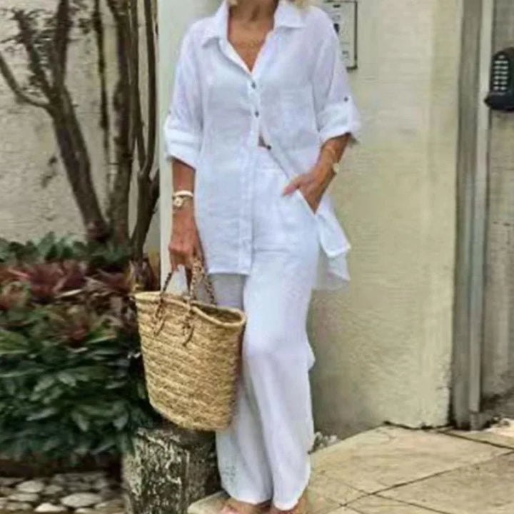 Airy & Stylish Oversized Linen Combo with Blouse and Trousers for Women – Amaris-White-S-The Livary