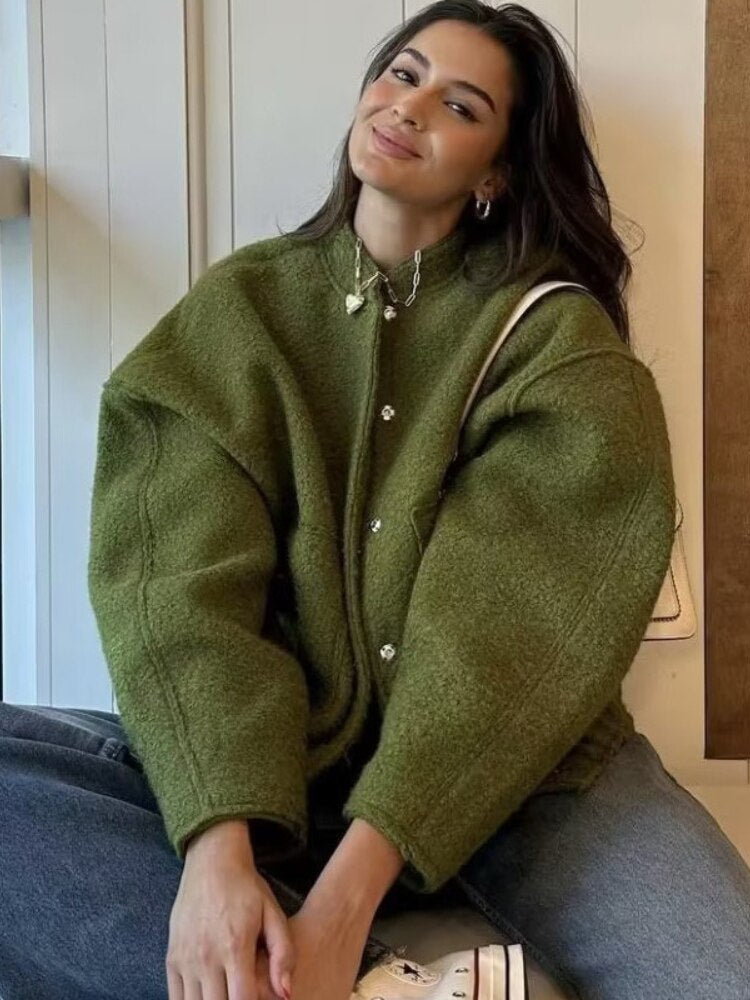 Oversized Wool Coat with Round Neck and Buttons - Selena-Camel-S-The Livary