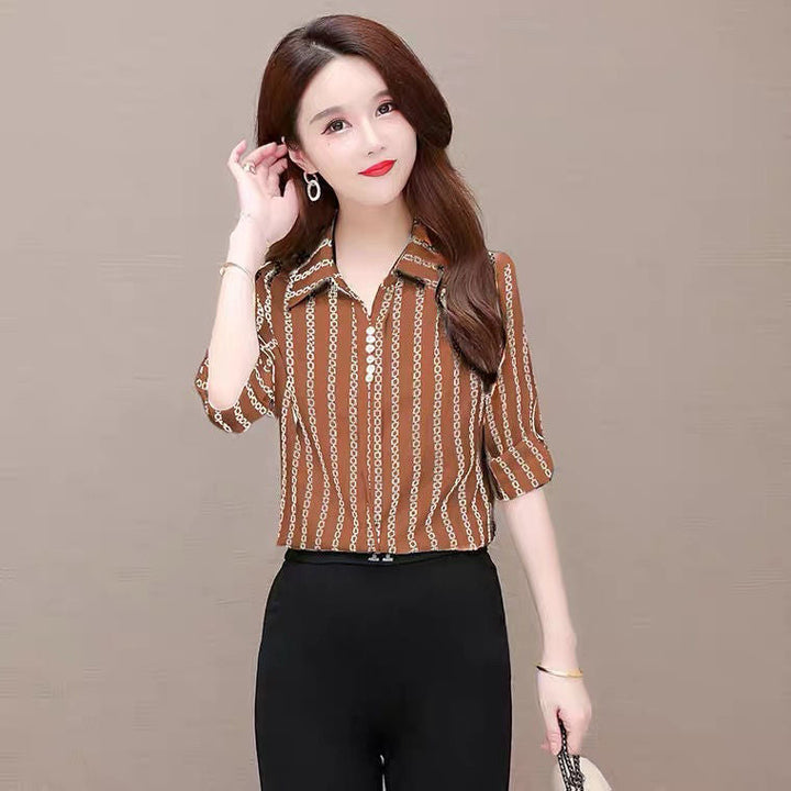 Stylish women's chiffon blouse with buttons & fold-over collar – Fenya-Khaki-L-The Livary