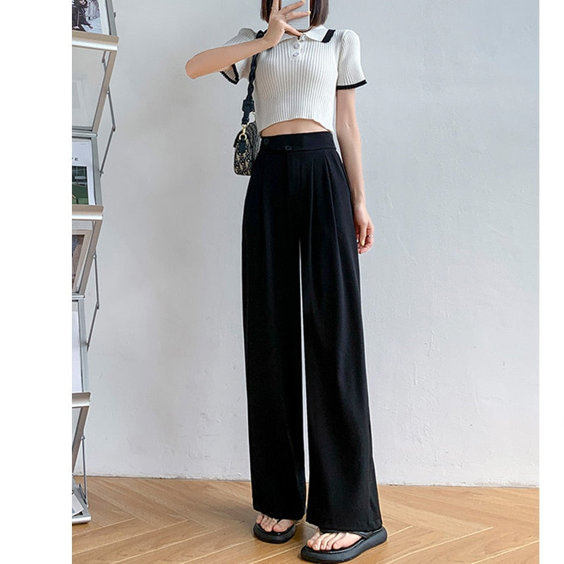 High-Waist Casual Women's Trousers with Wide Leg – Emilia-Black-S-The Livary