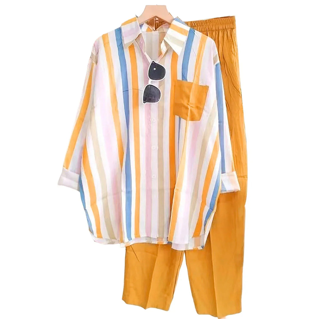 Two-piece summer set made of linen Loose shirt & Wide trousers - Zayenne-Yellow-S-The Livary