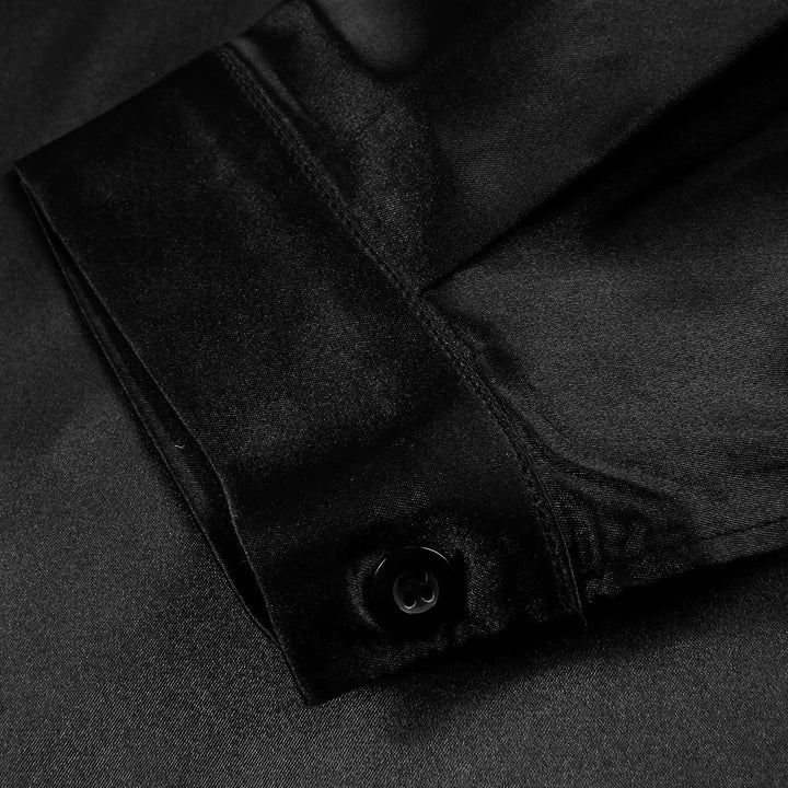 Satin women's shirt with deep V-neck & long sleeves – Daria-Black-S-The Livary