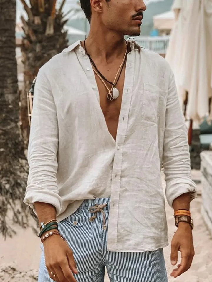 Light men's linen shirt with button placket – Fabio-White-S-The Livary