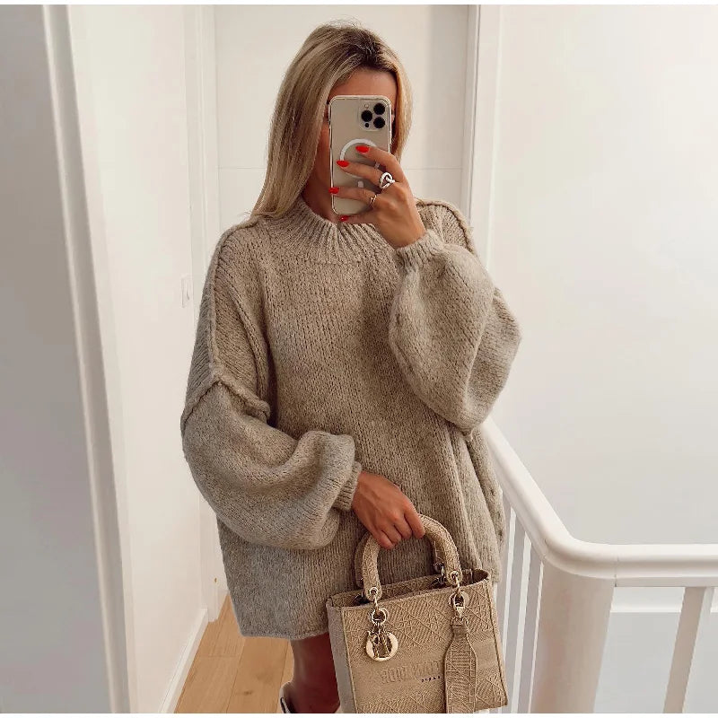 Oversized Knitted Women's Sweater - Mia-Khaki-S-The Livary