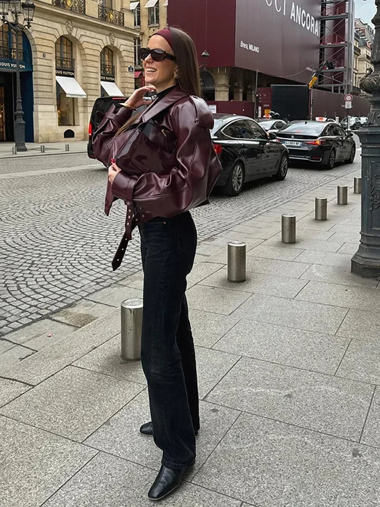 Short women's leather jacket in cherry red with lapel collar – Livana-Cherry red (Burgundy)-S-The Livary