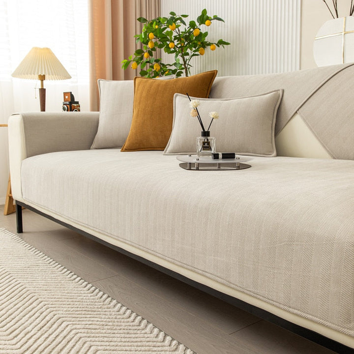Chenille Bank Protector with Herringbone Structure – VeluraShield-Beige-27.6×27.6in-The Livary