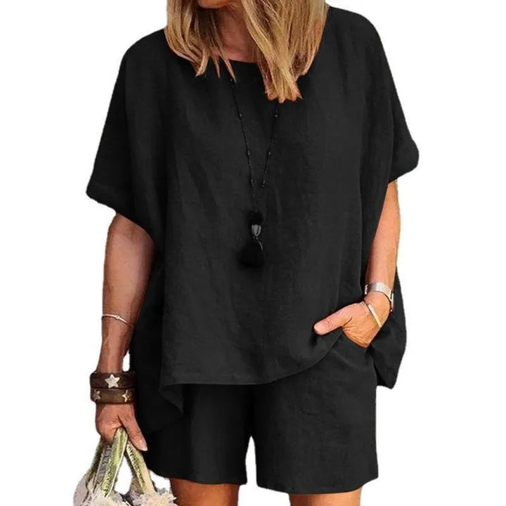 Trendy Two-Piece Linen Summer Set with Shorts for Women – Nayla-Grey-S-The Livary