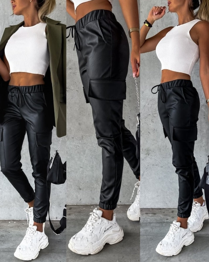Faux Leather Cargo Trousers for Women - Jade-S-The Livary