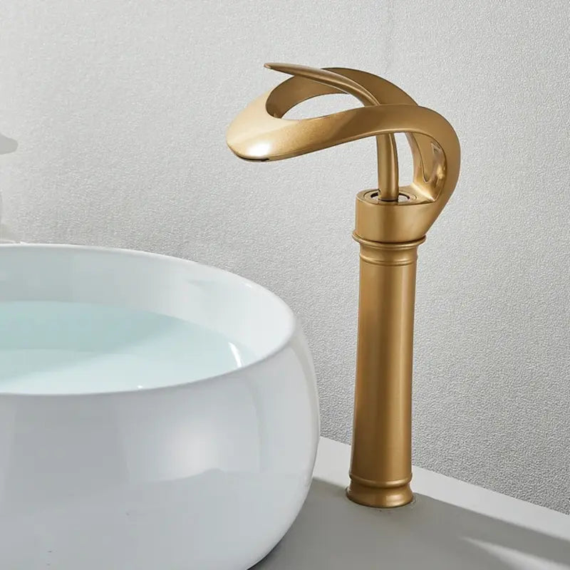 Messing Basin Mixer Tap with Waterfall Spout - Flowarc-Gold-Long-The Livary