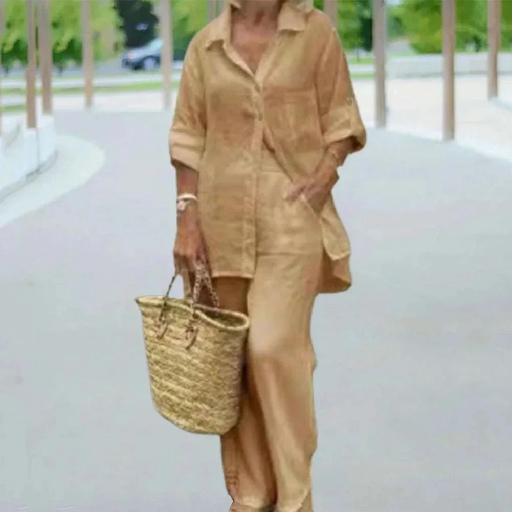 Airy & Stylish Oversized Linen Combo with Blouse and Trousers for Women – Amaris-Khaki-S-The Livary