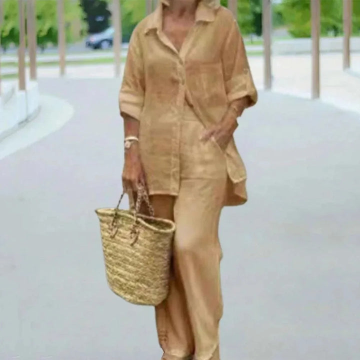 Airy & Stylish Oversized Linen Combo with Blouse and Trousers for Women – Amaris-Khaki-S-The Livary