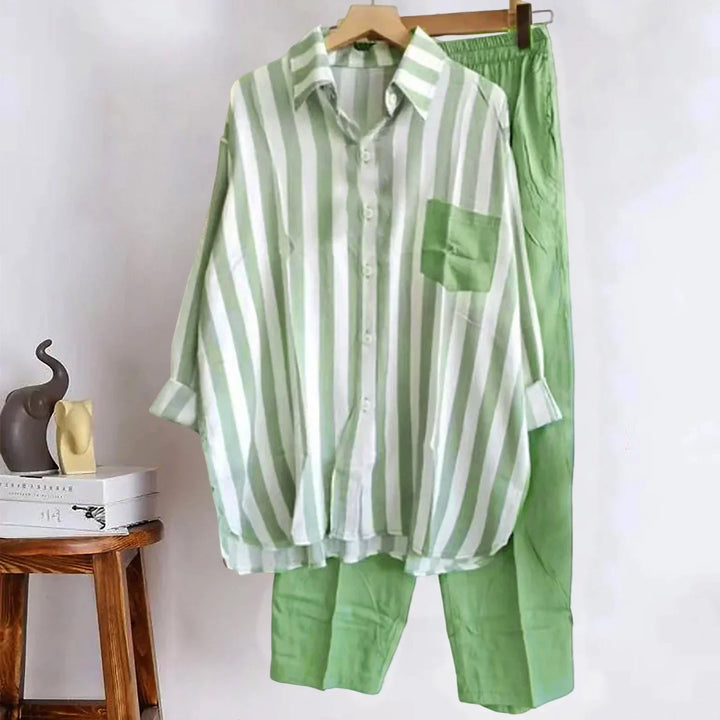 Two-piece summer set made of linen Loose shirt & Wide trousers - Zayenne-Green-S-The Livary