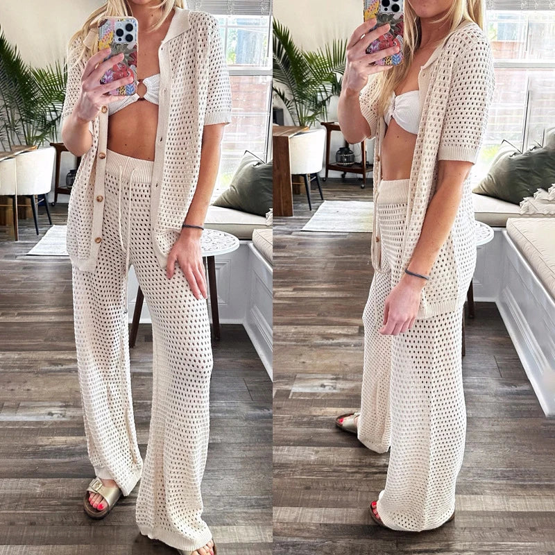 Airy & Stylish Summer Set with Cut-Outs and Long Trousers for Women – Liora-Black-S-The Livary