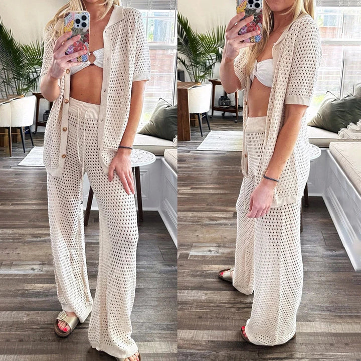 Airy & Stylish Summer Set with Cut-Outs and Long Trousers for Women – Liora-Black-S-The Livary