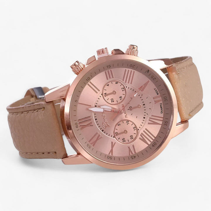 Luxury Waterproof Women's Watch with Leather Strap - Camille-Khaki-The Livary