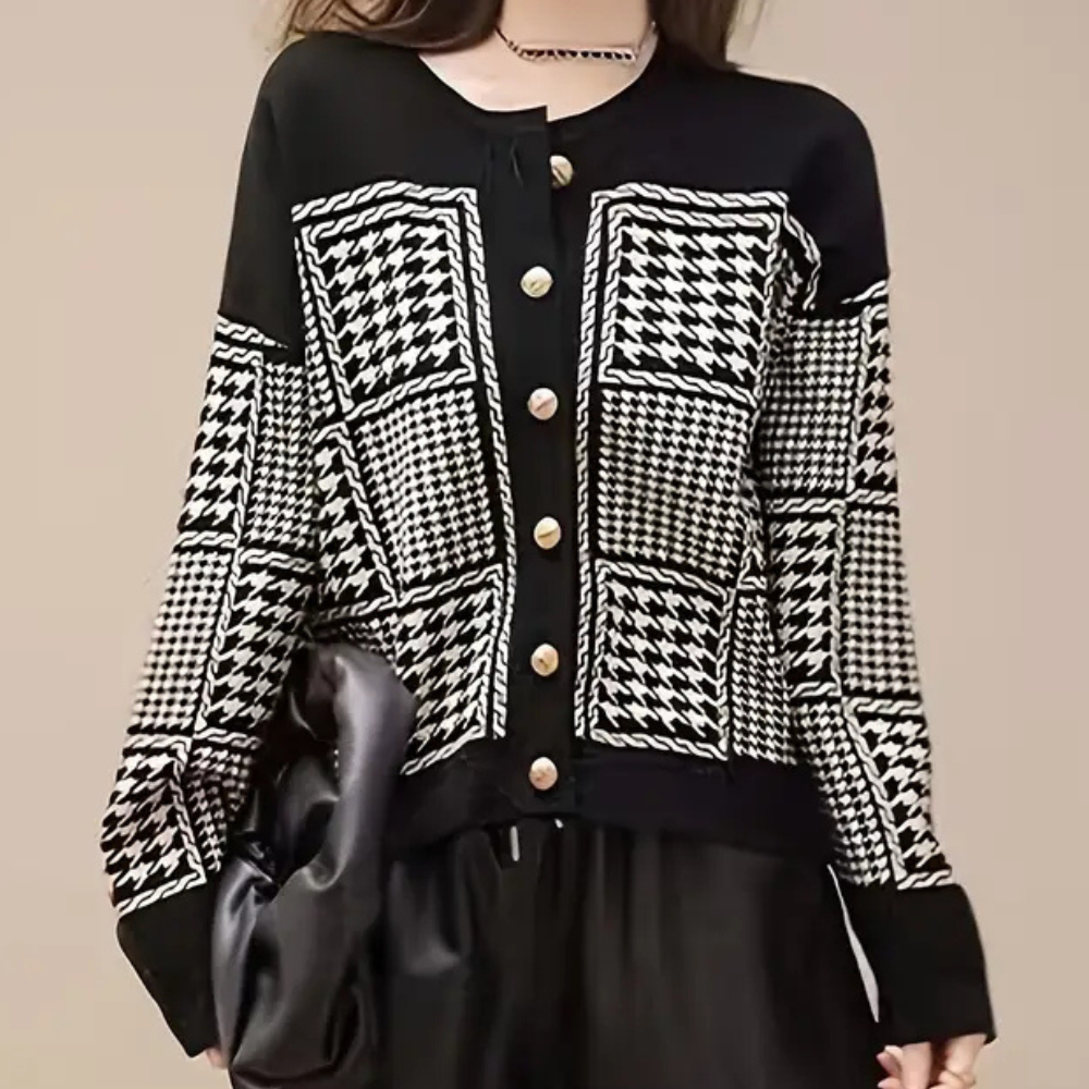 Black Women's Cardigan with Houndstooth Pattern - Isolde-XS-The Livary