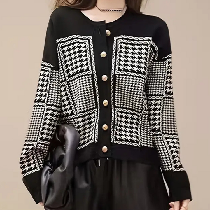 Black Women's Cardigan with Houndstooth Pattern - Isolde-XS-The Livary