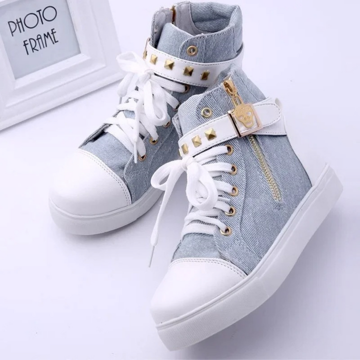 White Leather High Sneakers with Zip for Ladies - Ava-Blue-2.5-The Livary
