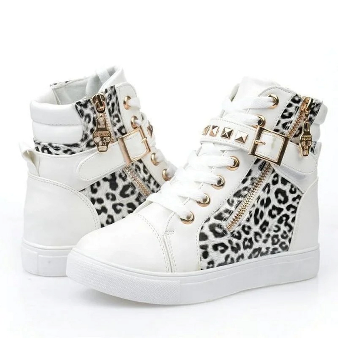 White Leather High Sneakers with Zip for Ladies - Ava-Black and white-2.5-The Livary