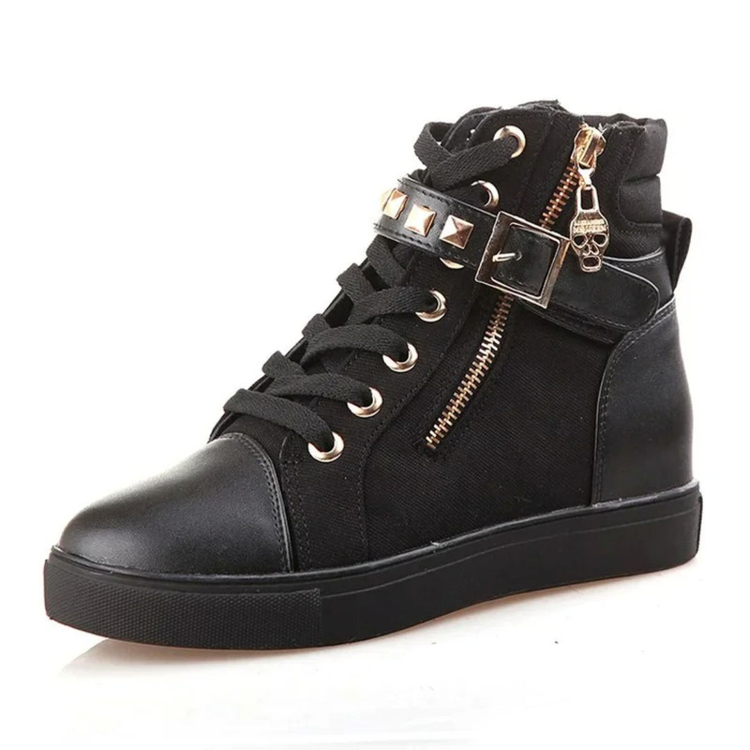 White Leather High Sneakers with Zip for Ladies - Ava-Black-2.5-The Livary